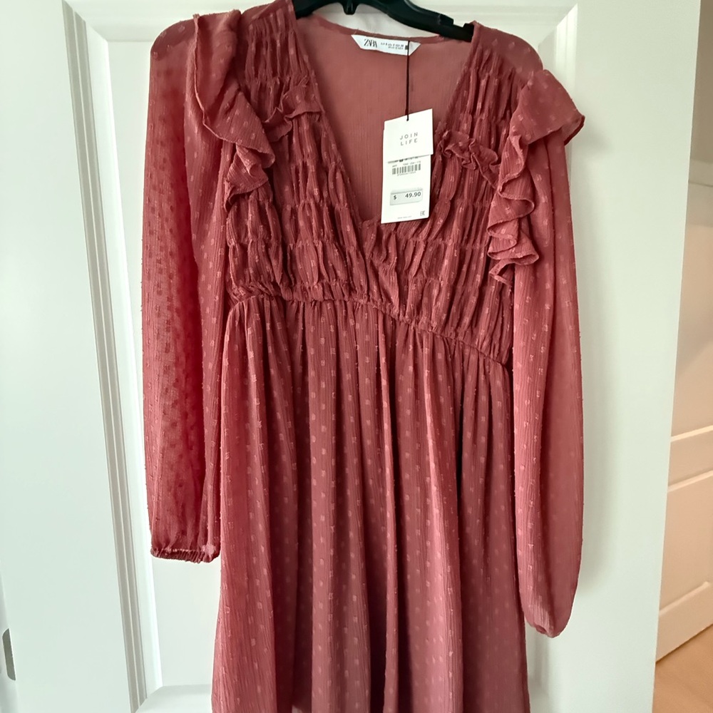 Ruffled Long Sleeve Dress in Dusty Pink